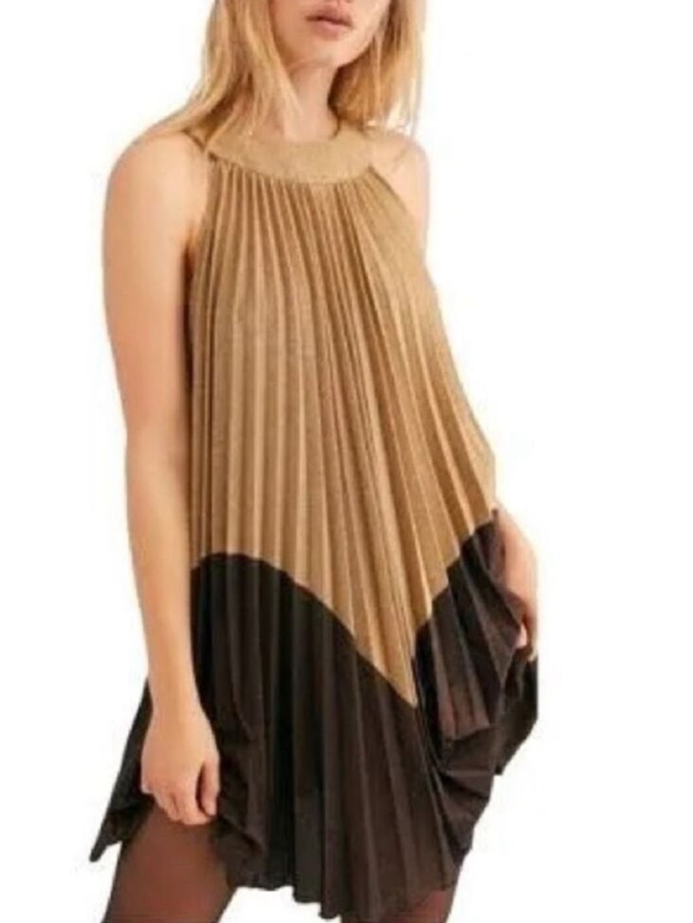 Free People Pleated Love Metallic Mini Dress Gold Brown Large‎ NWT
